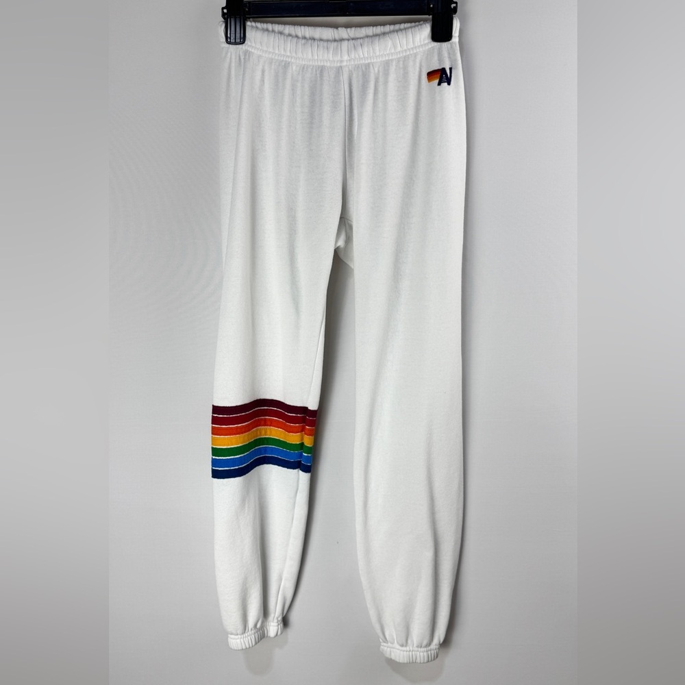 Aviator Nation White Joggers with Rainbow Stripes Women XS